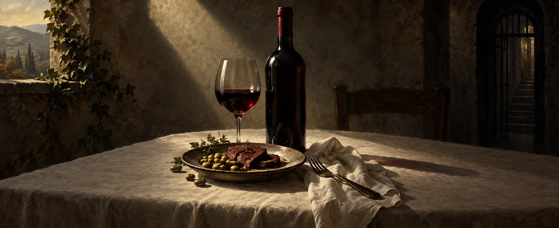 A burgundy wine bottle and glass stand beside a plated meal on a cream cloth under a narrow beam of light.