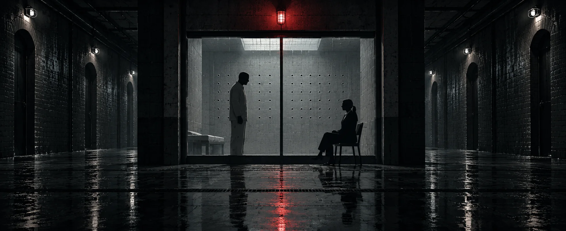 A woman sits on a chair facing a lone man standing behind a glass cell wall at the end of a dark brick corridor lit by one red light.