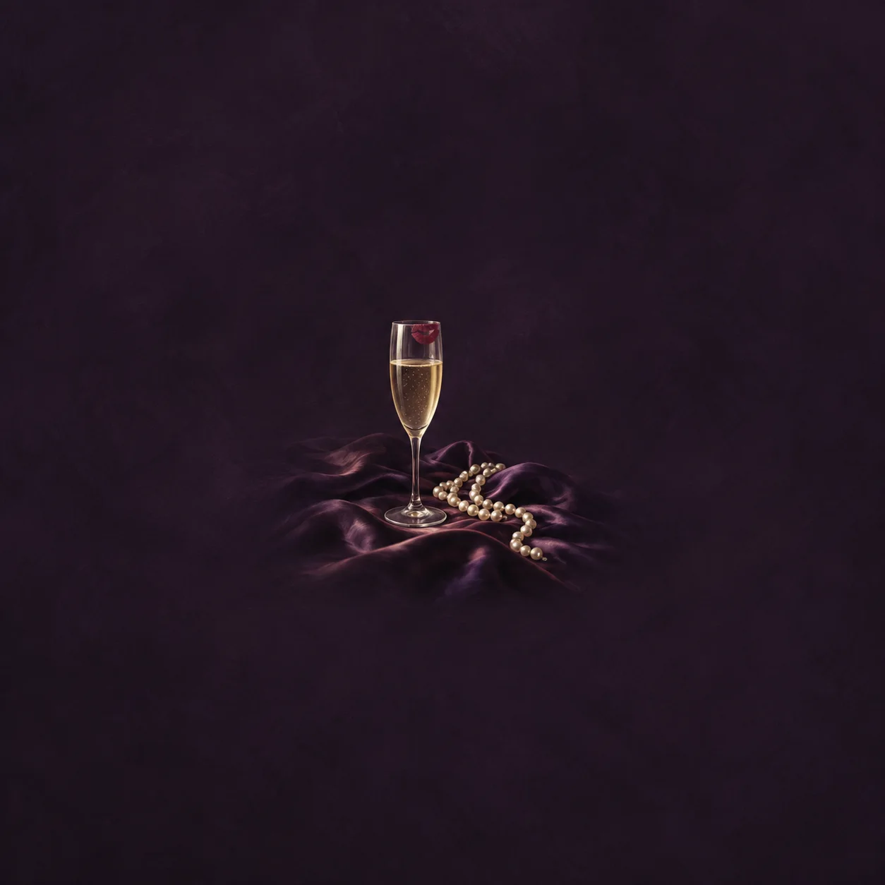 Painterly champagne glass with a red lip mark beside pearls on dark violet silk.