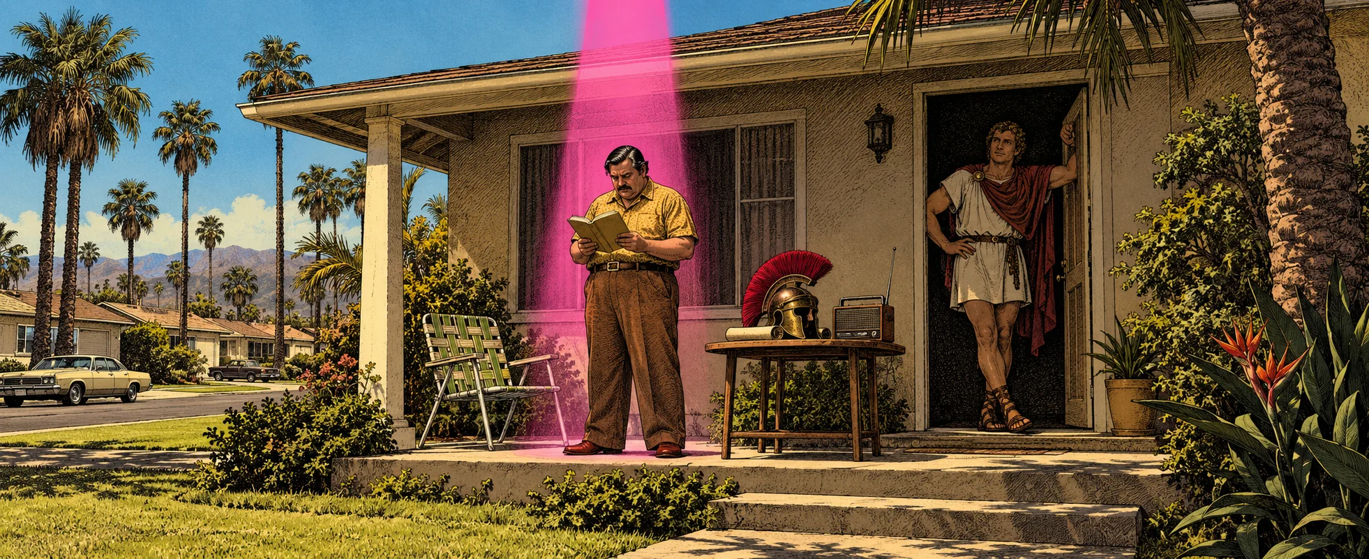 A man reads on the porch of a 1970s Californian bungalow as a pink beam of light falls on him from the sky, a Roman in a toga in the doorway.