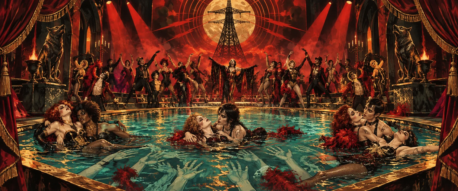 Figures in corsets and feather boas float and embrace in a glittering stage pool painted with reaching hands, under a red spotlight.