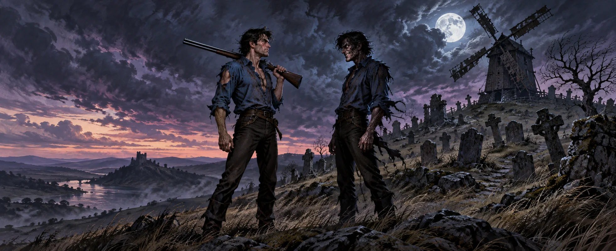 A man with a shotgun on his shoulder faces his own sneering double on a windswept hill by a windmill and a graveyard.