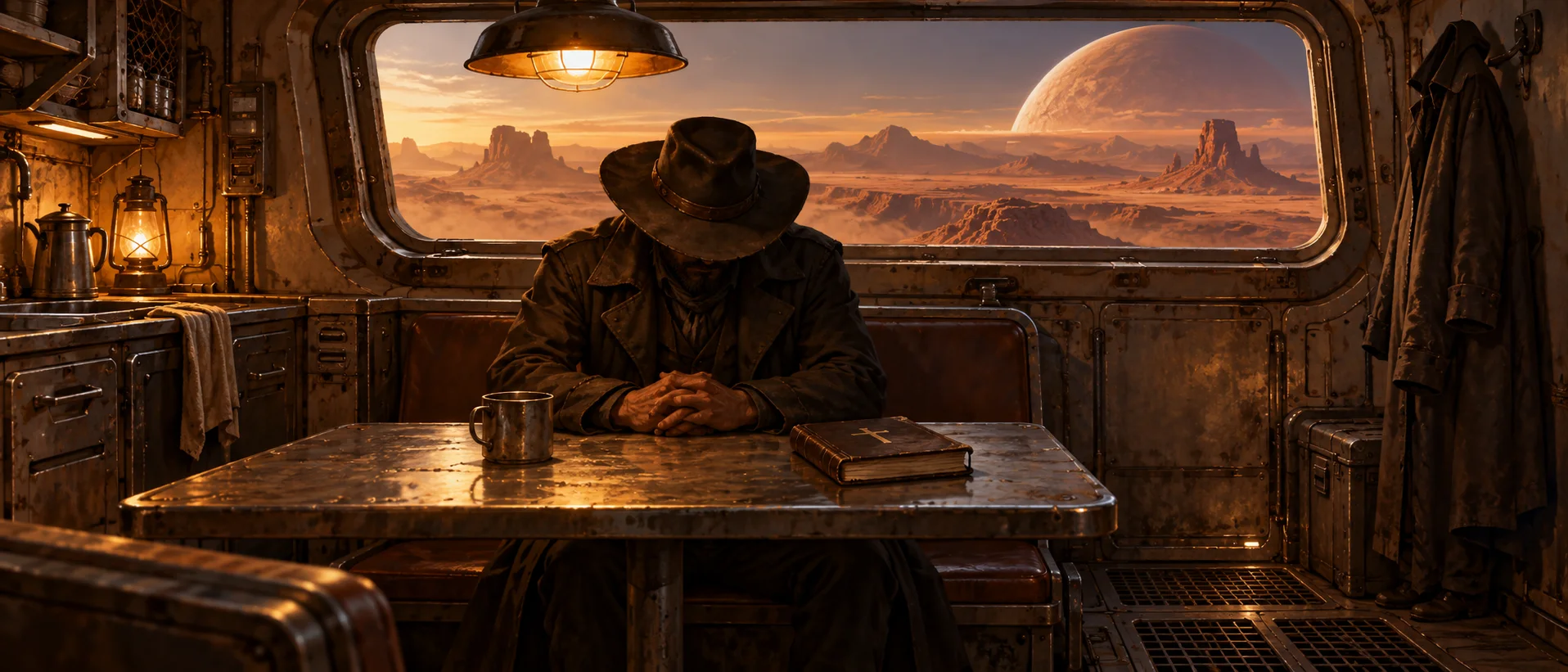 A preacher in a dark coat and hat sits with folded hands at a galley table, a desert planet beyond the window.