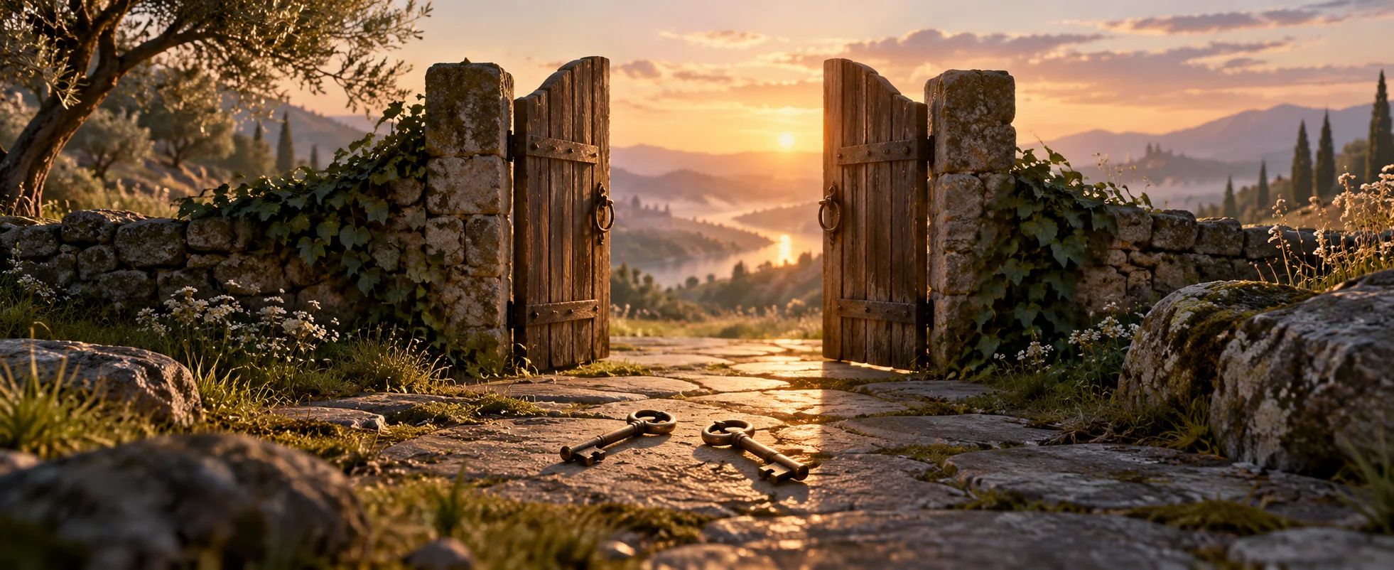 Two plain bronze keys lie separately beside an open wooden gate in quiet dawn light.