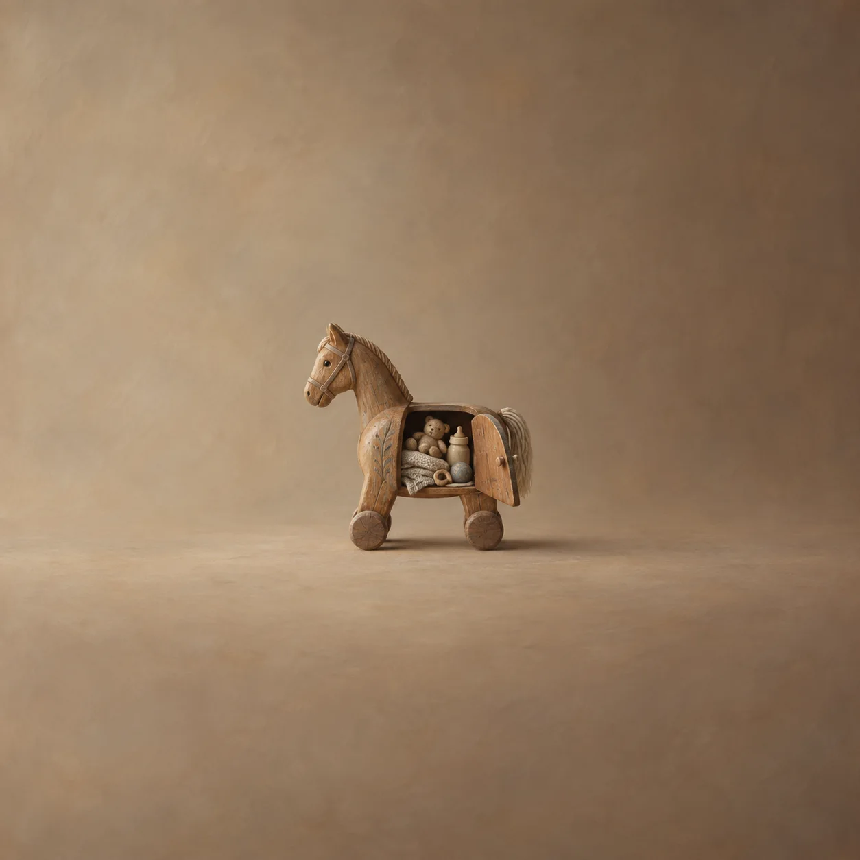 Painterly wooden toy horse on wheels with its side compartment open to reveal small bundled items.