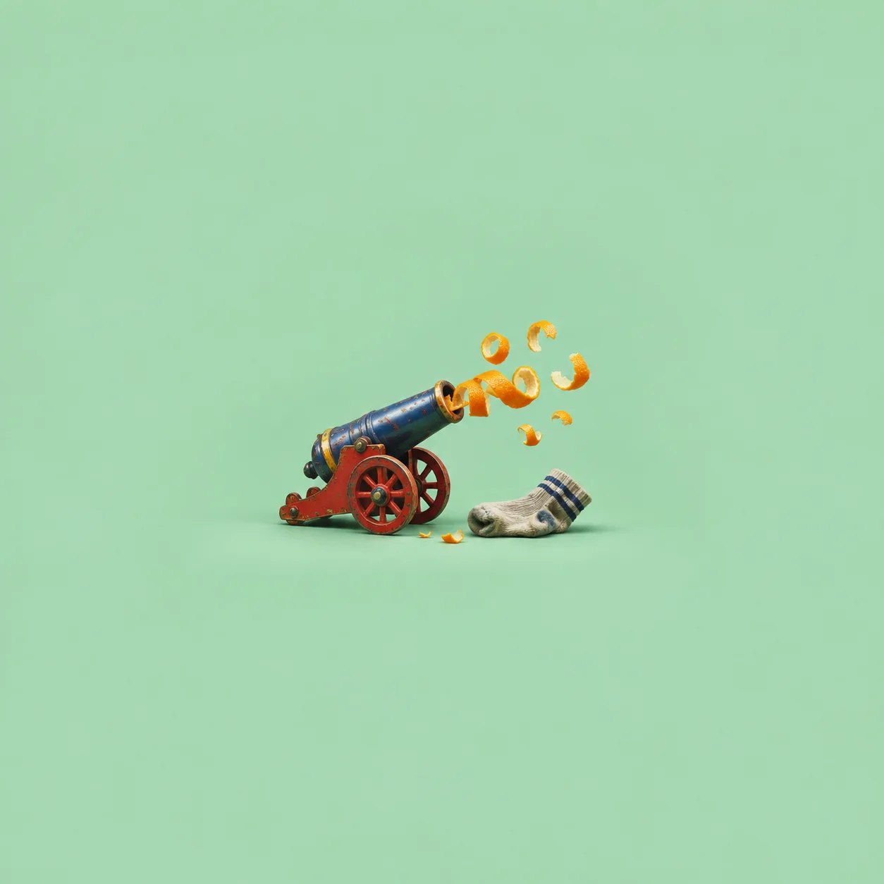 A toy cannon launching orange peel curls beside a rumpled sock on a mint-green background.