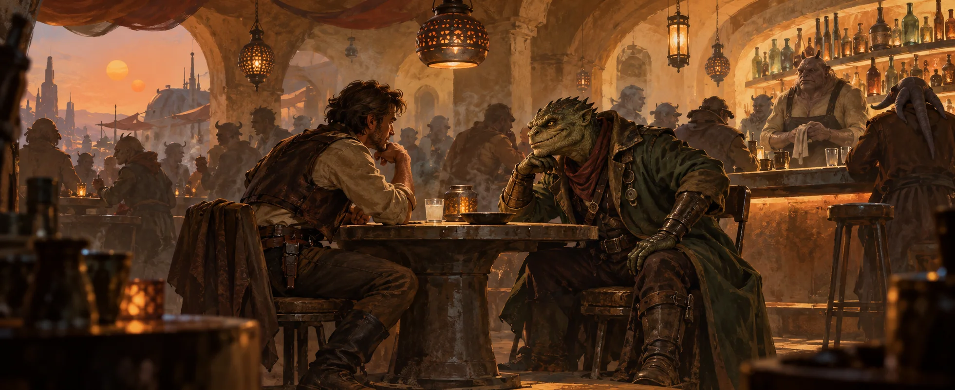 A smuggler sits across a table from a green-skinned bounty hunter in a dim desert cantina.