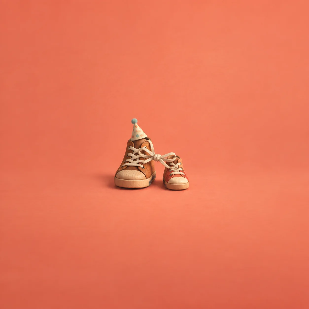 A large sneaker wearing a paper party hat stands beside a smaller sneaker, their laces tied together.