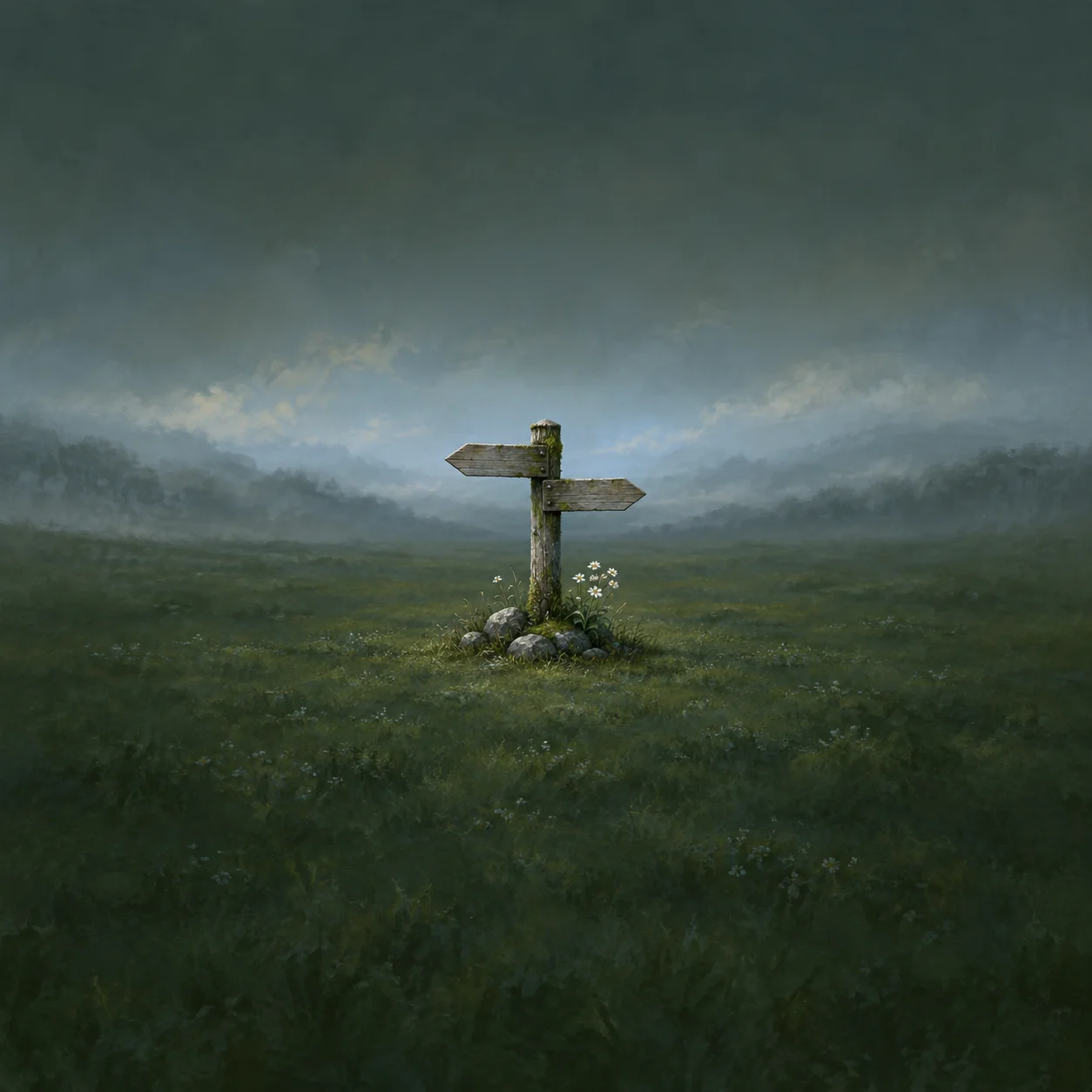 A wooden signpost with two blank arrows stands among small white flowers in a misty green field.