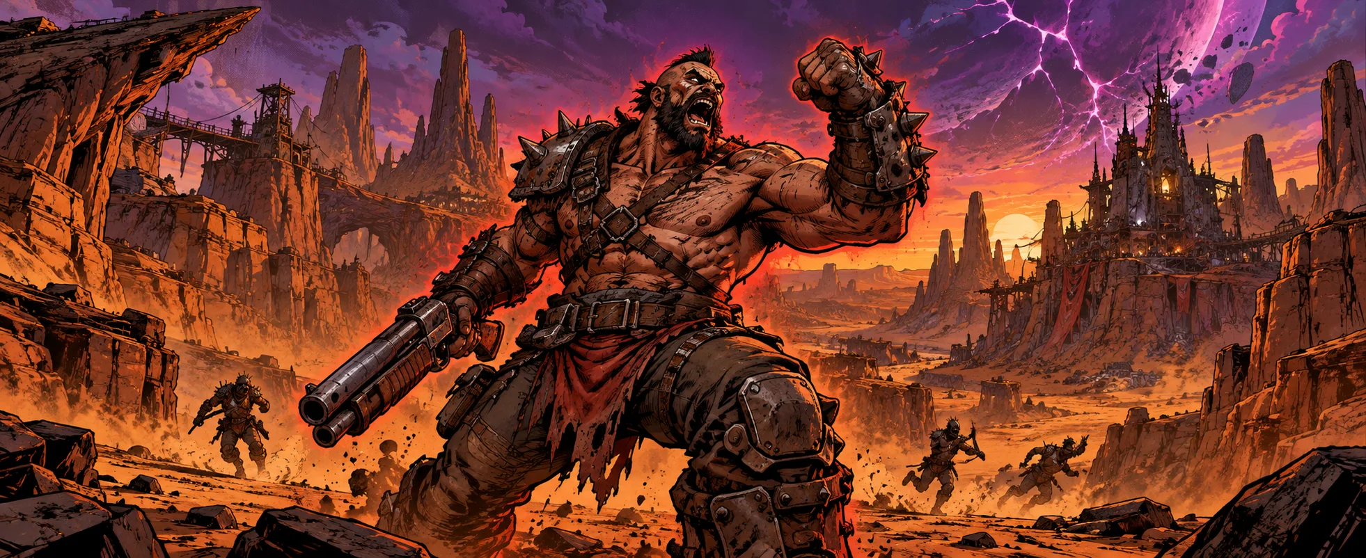 A huge muscular brawler roars with fists raised in an orange desert canyon, a shotgun in hand and a red rage glow around him.