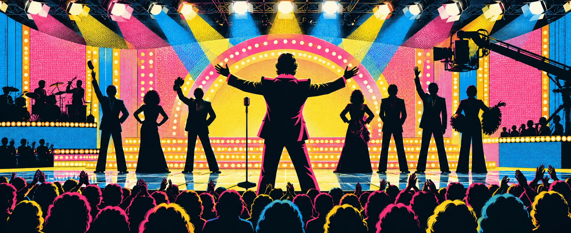 Pop-art illustration of a live TV studio stage in bright pink and yellow, a man in silhouette flinging his arms wide at the centre microphone as a line of performers and a camera crane frame him.