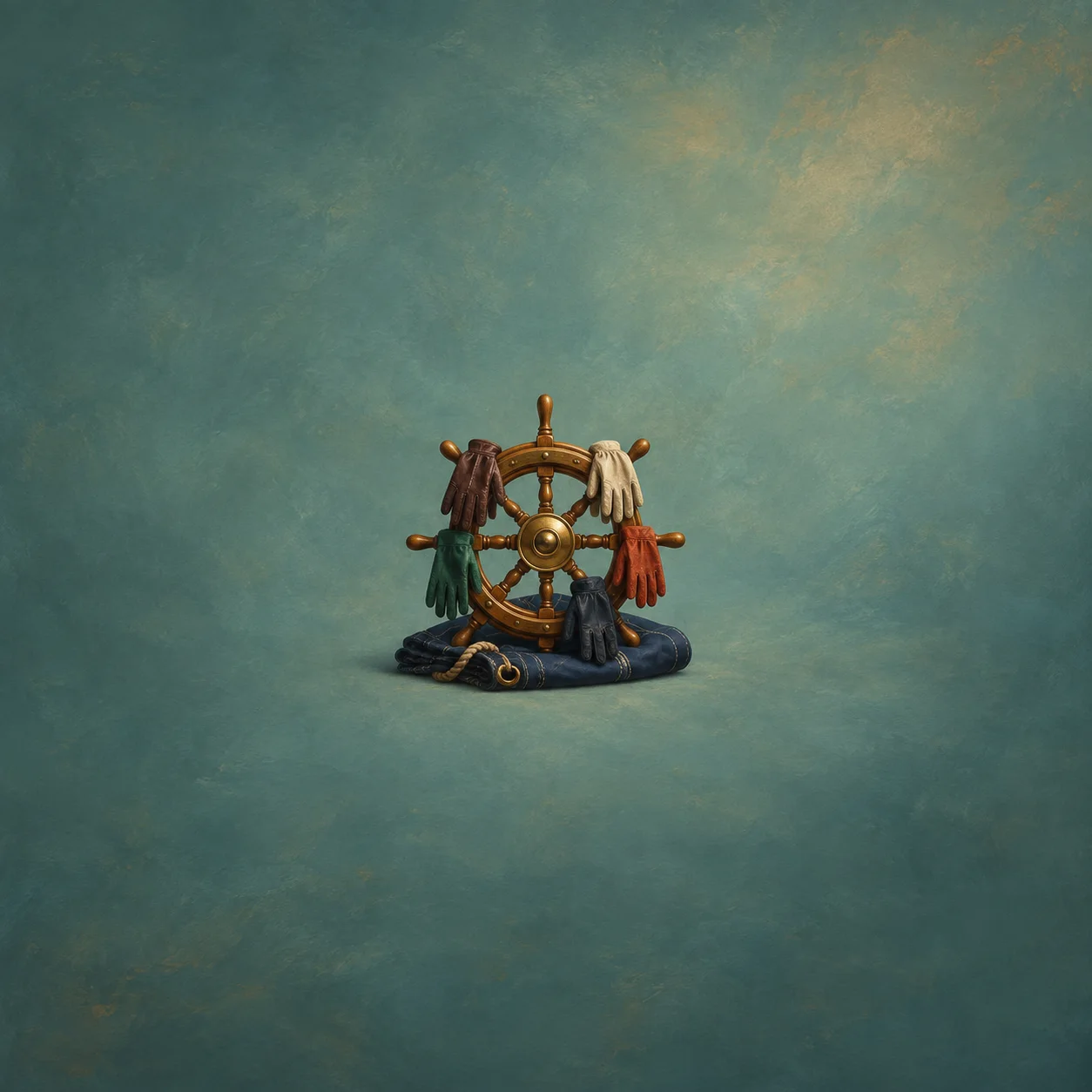 Coloured gloves hang from the spokes of a wooden ship wheel resting on dark fabric.