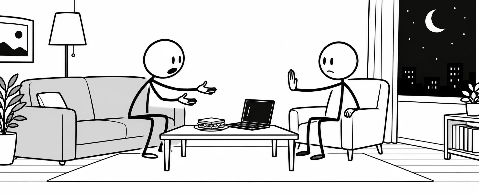 One stick figure on a sofa gestures demandingly at another in an armchair who raises a hand in refusal, in simple black line art.