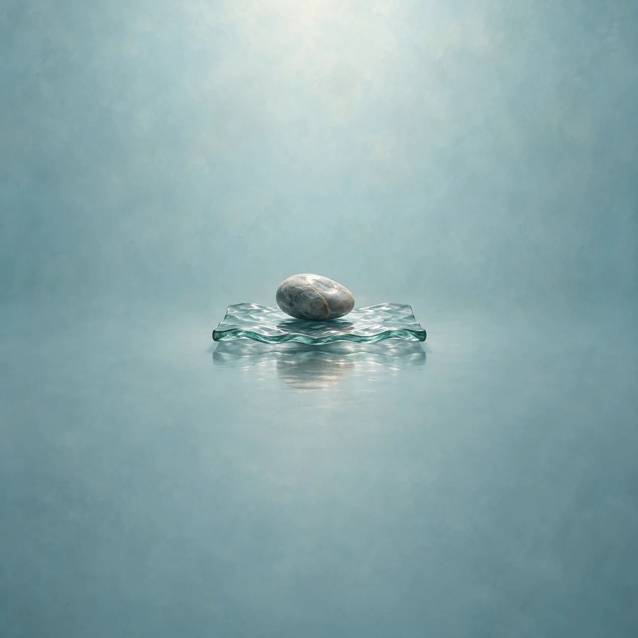 A smooth grey stone balances on a slab of rippled glass against turquoise.
