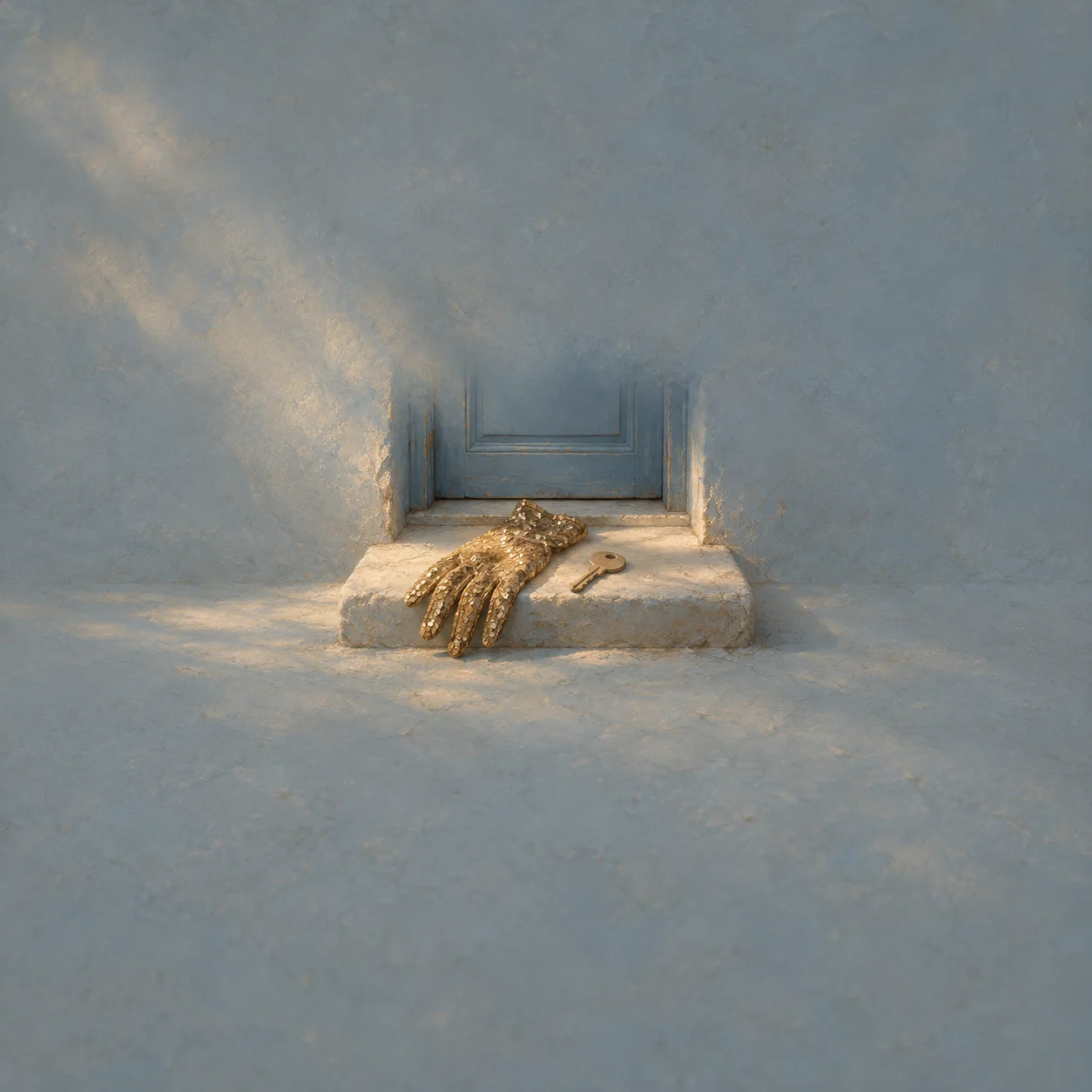 A gold sequined glove and a small key rest on a pale step beneath a blue door.