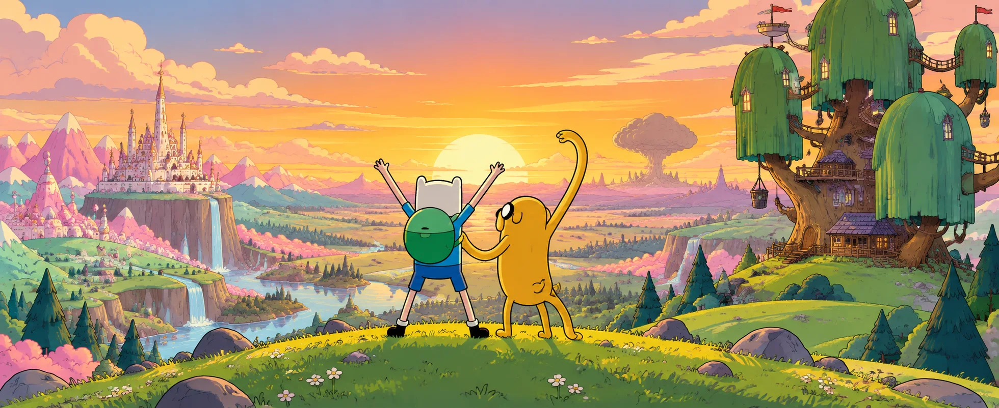 A boy in a white bear-eared hat and a stretchy yellow dog raise their arms on a hill above a candy-coloured land with a pink castle and a treehouse.