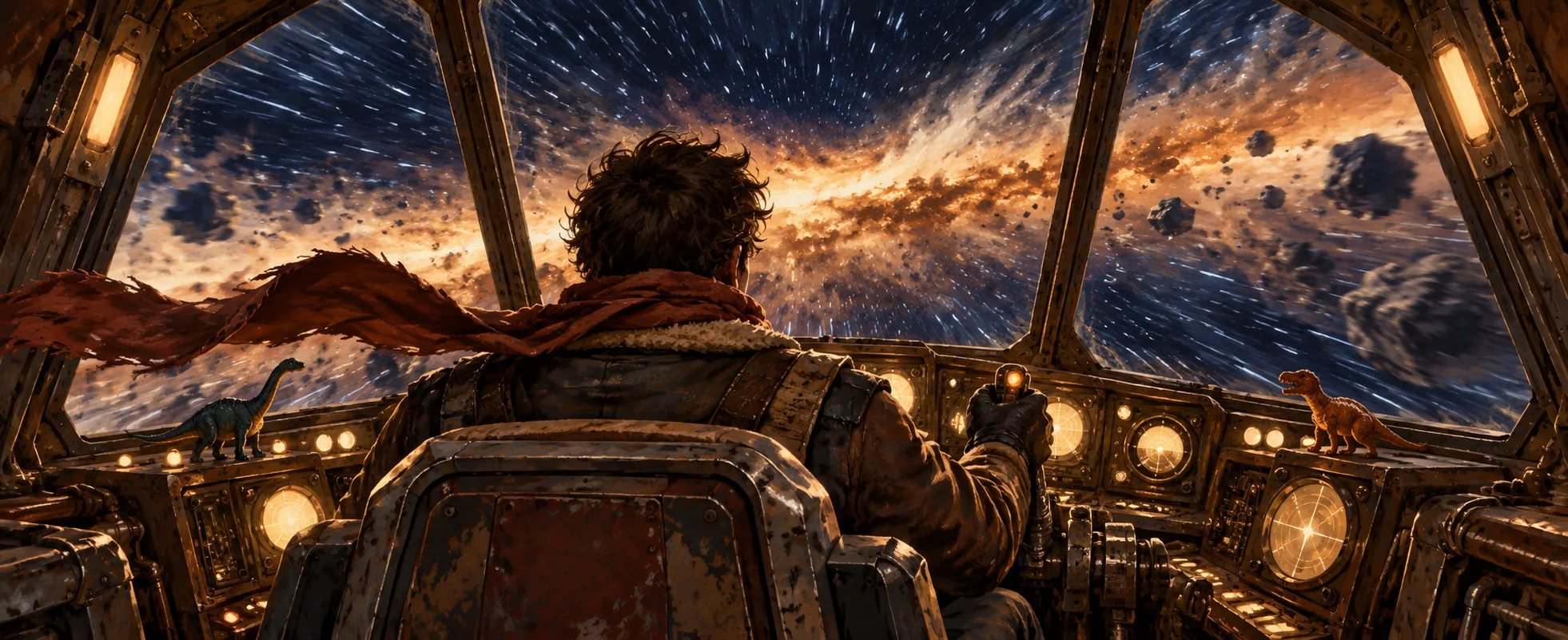 A pilot in a scarf grips the controls of a battered spaceship cockpit as it streaks through a storm of debris, toy dinosaurs on the console.