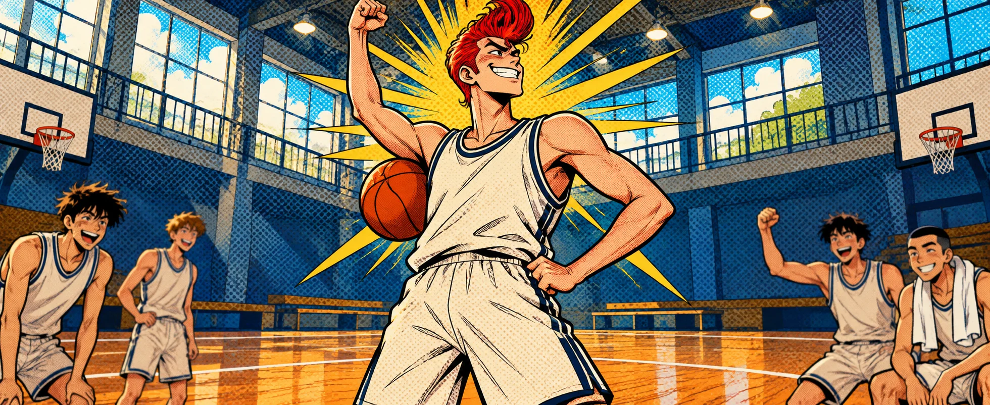 A red-haired teenage basketball player in a white uniform flexes triumphantly with a ball on a sunlit court as teammates cheer.