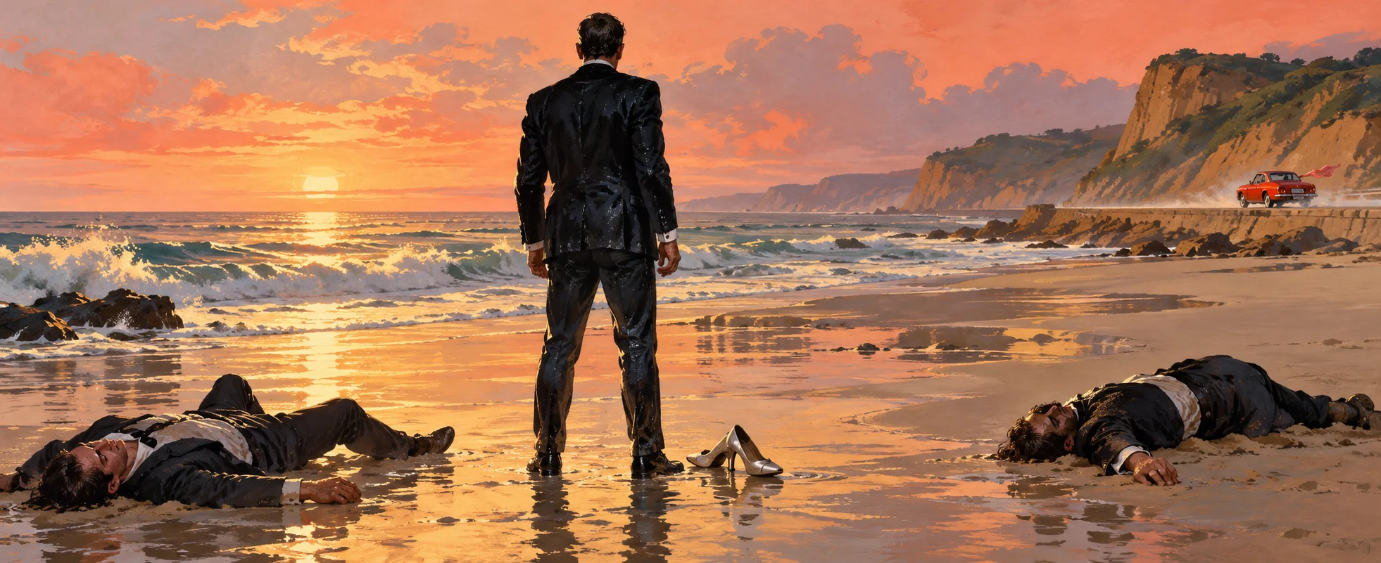 At dawn on a Portuguese beach, Bond in a soaked dinner jacket stands over two dazed attackers and a pair of abandoned shoes while a red car speeds away along the coast.