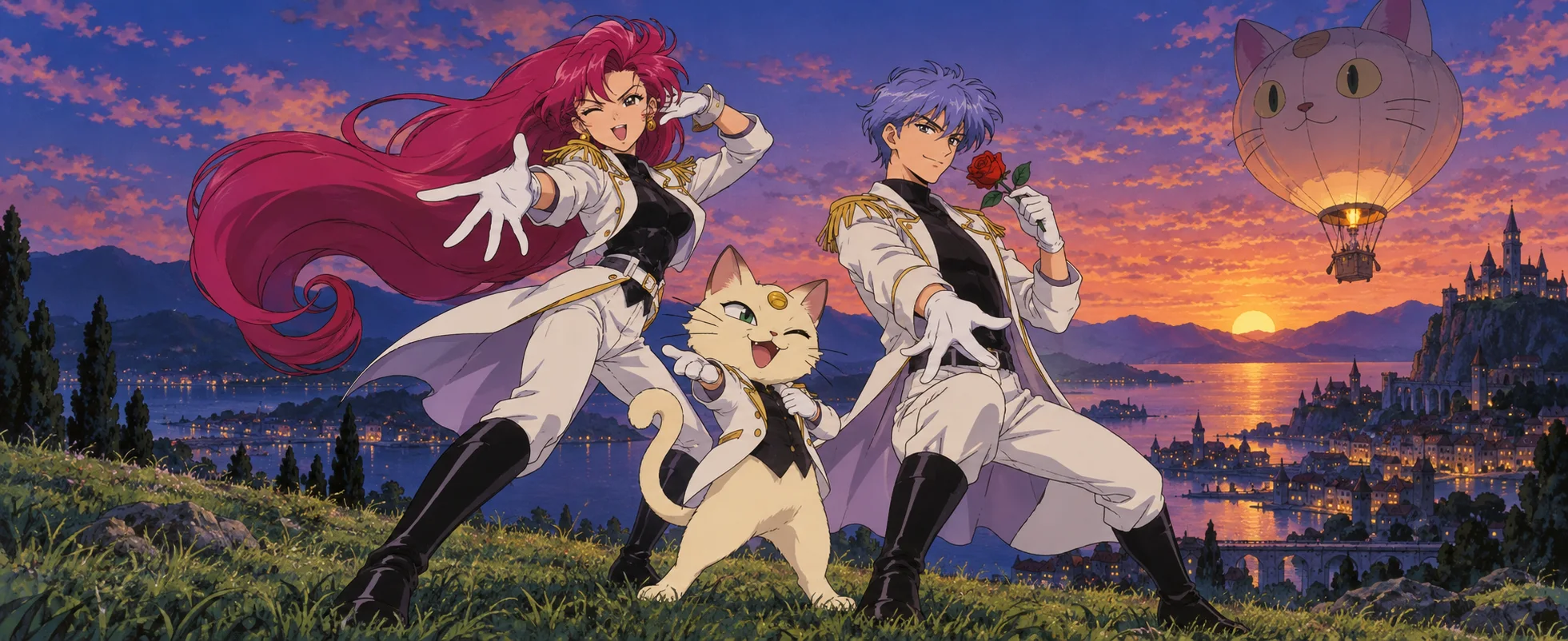 Anime illustration: a magenta-haired woman and a blue-haired man holding a red rose, both in white uniforms, pose on a grassy hill at sunset beside a winking cat in a matching jacket, with a cat-faced balloon and castle town beyond.