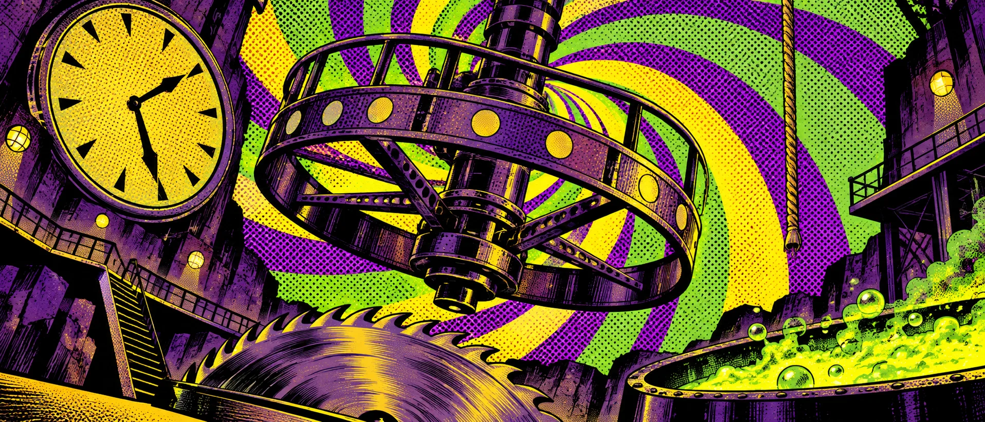 A campy 1960s villain's lair with a giant buzz saw, a bubbling vat and a dangling rope, a pop-art spiral of colour bursting behind it.