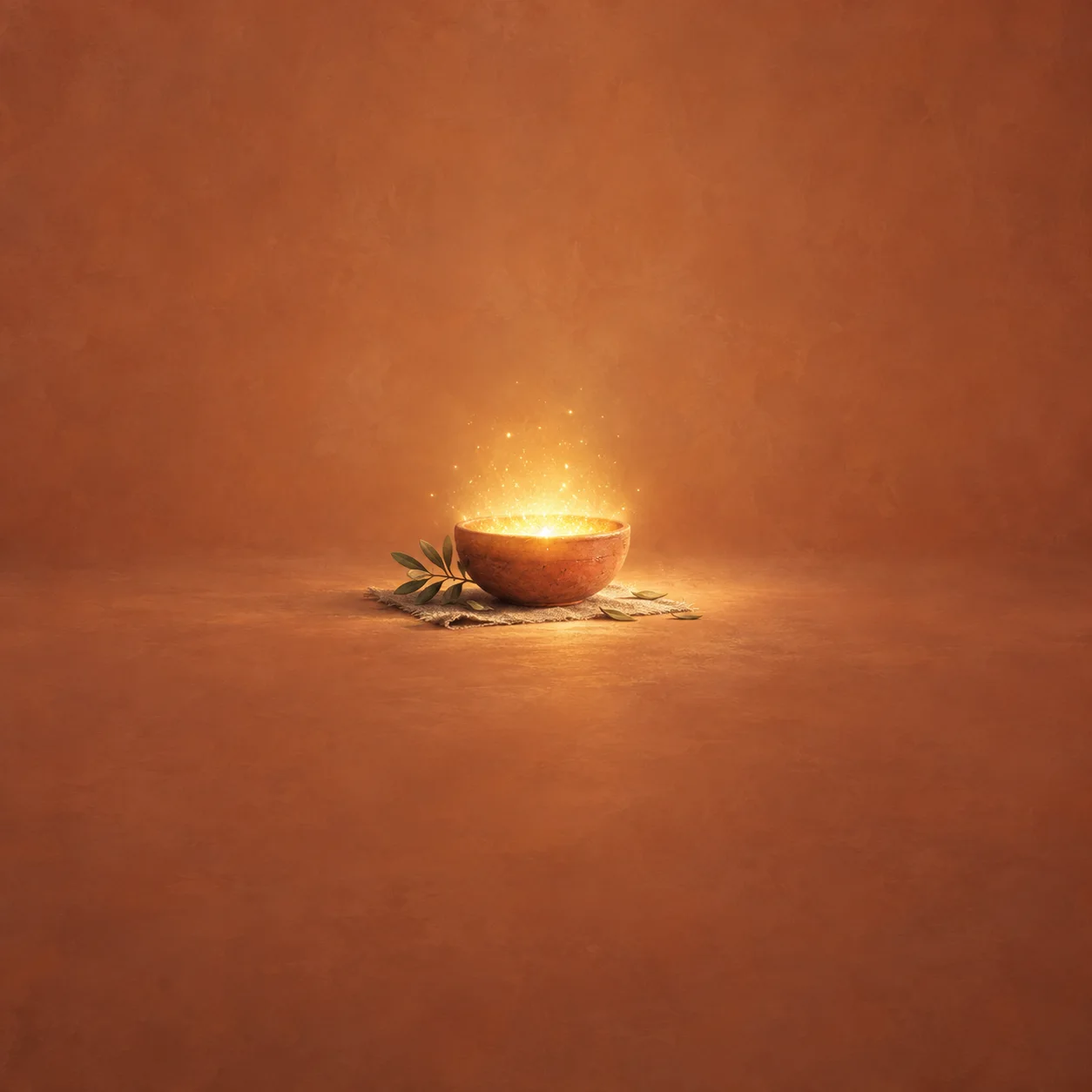 Painterly terracotta bowl glowing with golden light beside small green leaves on orange.