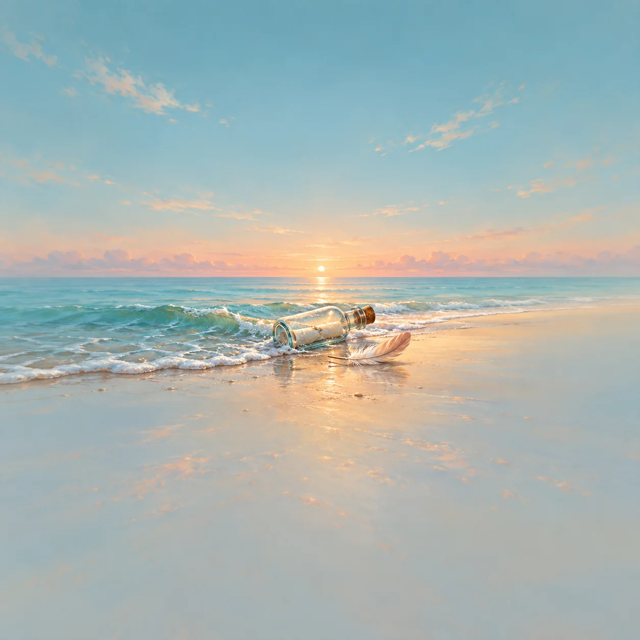 A clear bottle and pale feather lie at the edge of a turquoise wave beneath a peach sunrise.