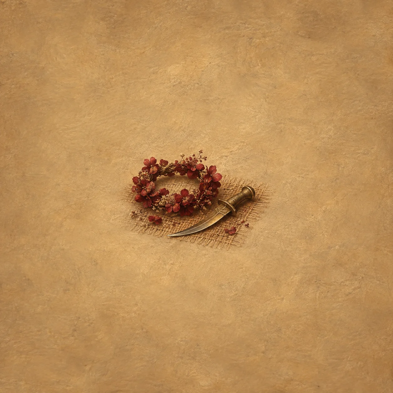A wreath of dried red flowers lies beside a curved bronze dagger on a woven mat.