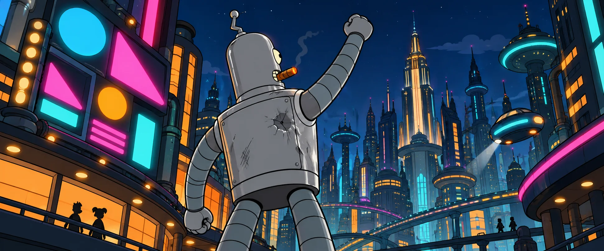 A dented steel robot with a cigar raises a fist toward a neon-lit futuristic city skyline at night.