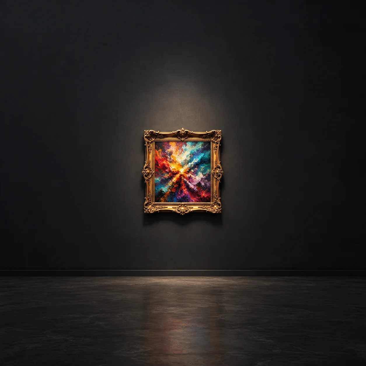 An ornate gold frame holds a vivid burst of red, gold, blue and purple paint on a dark gallery wall.