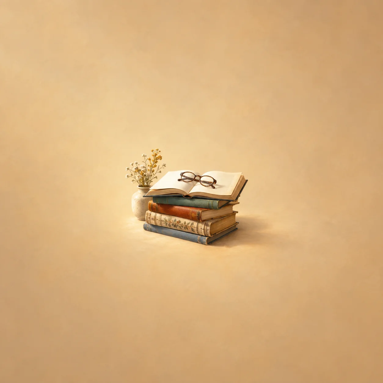Reading glasses rest on an open book atop a small stack of worn books beside a vase of dried stems.