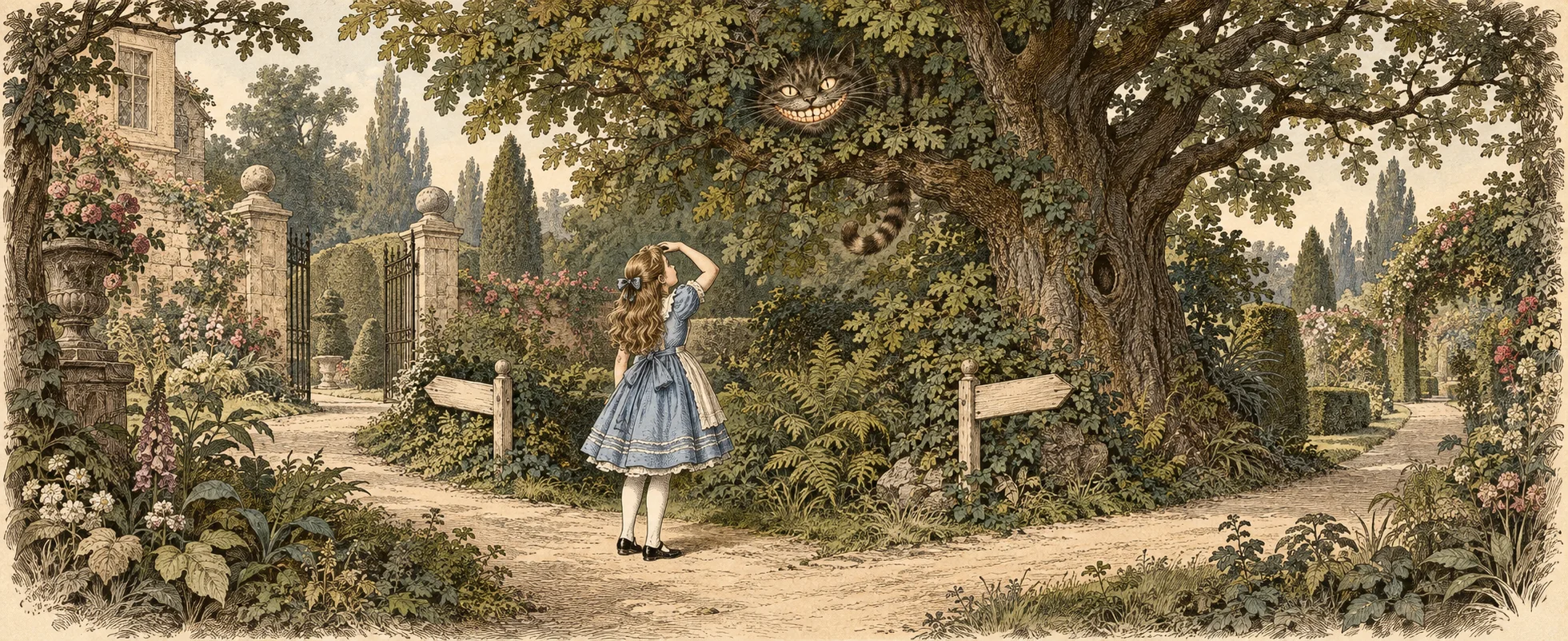 A girl in a blue pinafore stands at a fork in a garden path as a broad grin appears in the branches of a great tree.