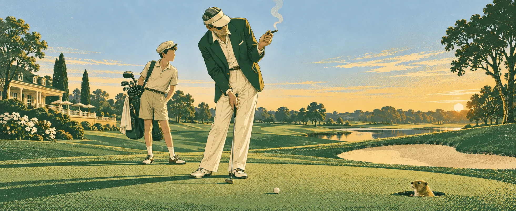 A relaxed golfer in pale clothes lines up a putt on a golden-hour country-club green as a young caddie watches and a gopher peeks out of a hole.