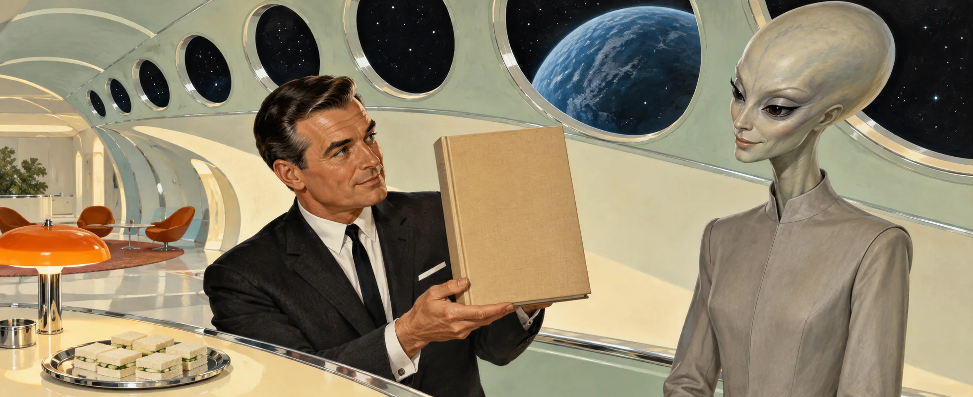 In a sleek white spaceship lounge, a man in a 1960s suit holds up a thick book to a tall, smooth-headed grey alien, Earth visible through the round portholes.