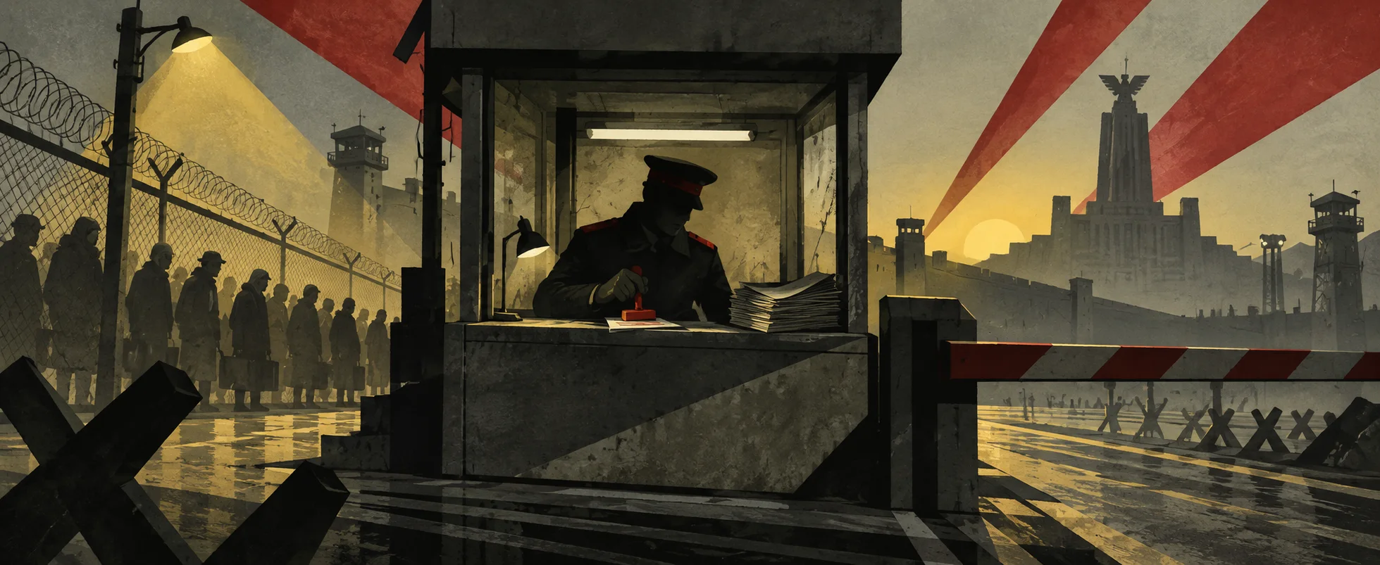 A border guard in a cap sits in a checkpoint booth before a queue of people under a grim grey state.