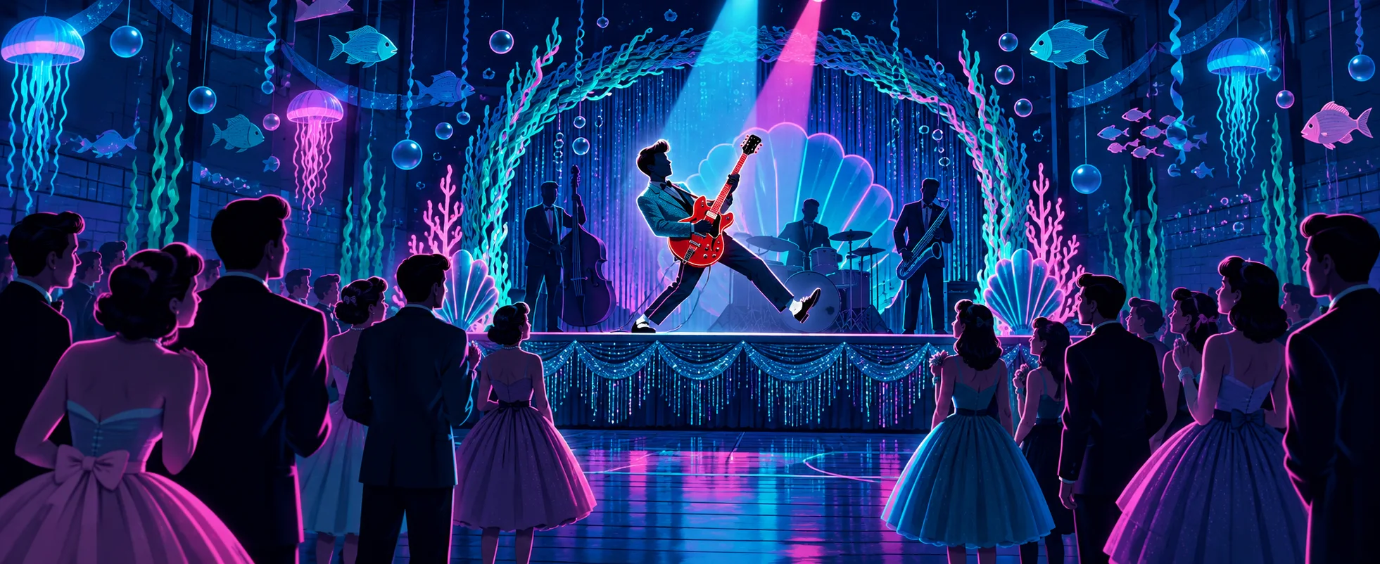 A school dance hung with glowing jellyfish, fish and a giant seashell: a teenager in a sport jacket kicks out a leg mid-solo on a red electric guitar under a spotlight, the band behind him, while 1950s couples in suits and party dresses stand frozen, staring.