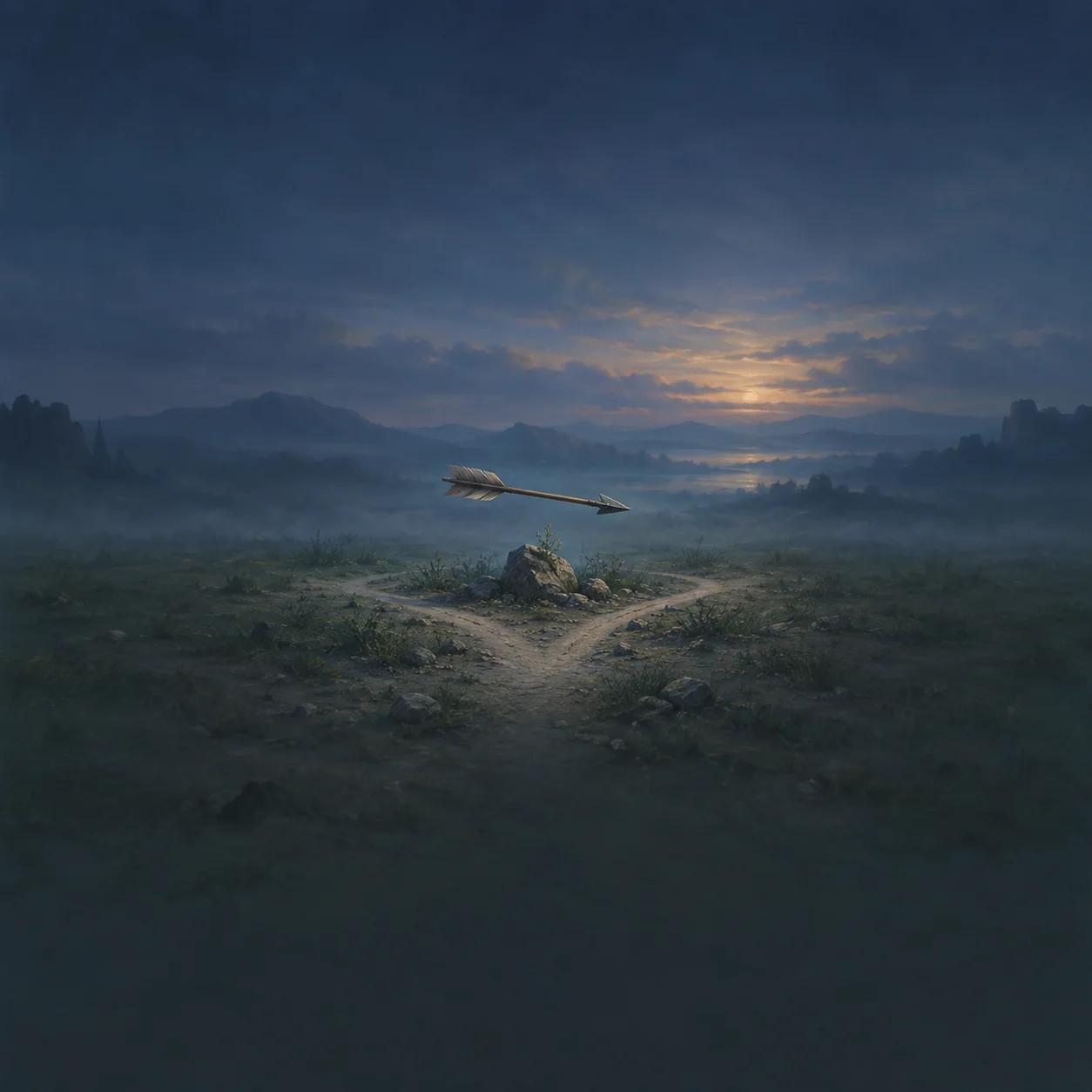 An arrow hangs above a forked path through a misty landscape beneath a dusky blue-and-gold sky.