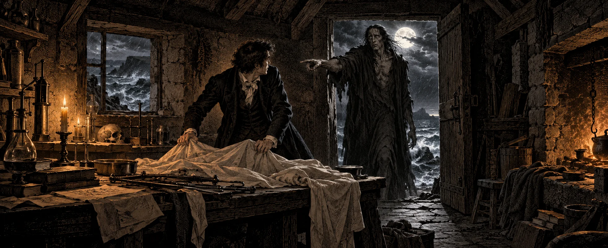 A young man stands over a sheet-covered workbench in a candlelit stone hut on a stormy coast as a gaunt giant looms in the moonlit doorway, pointing.