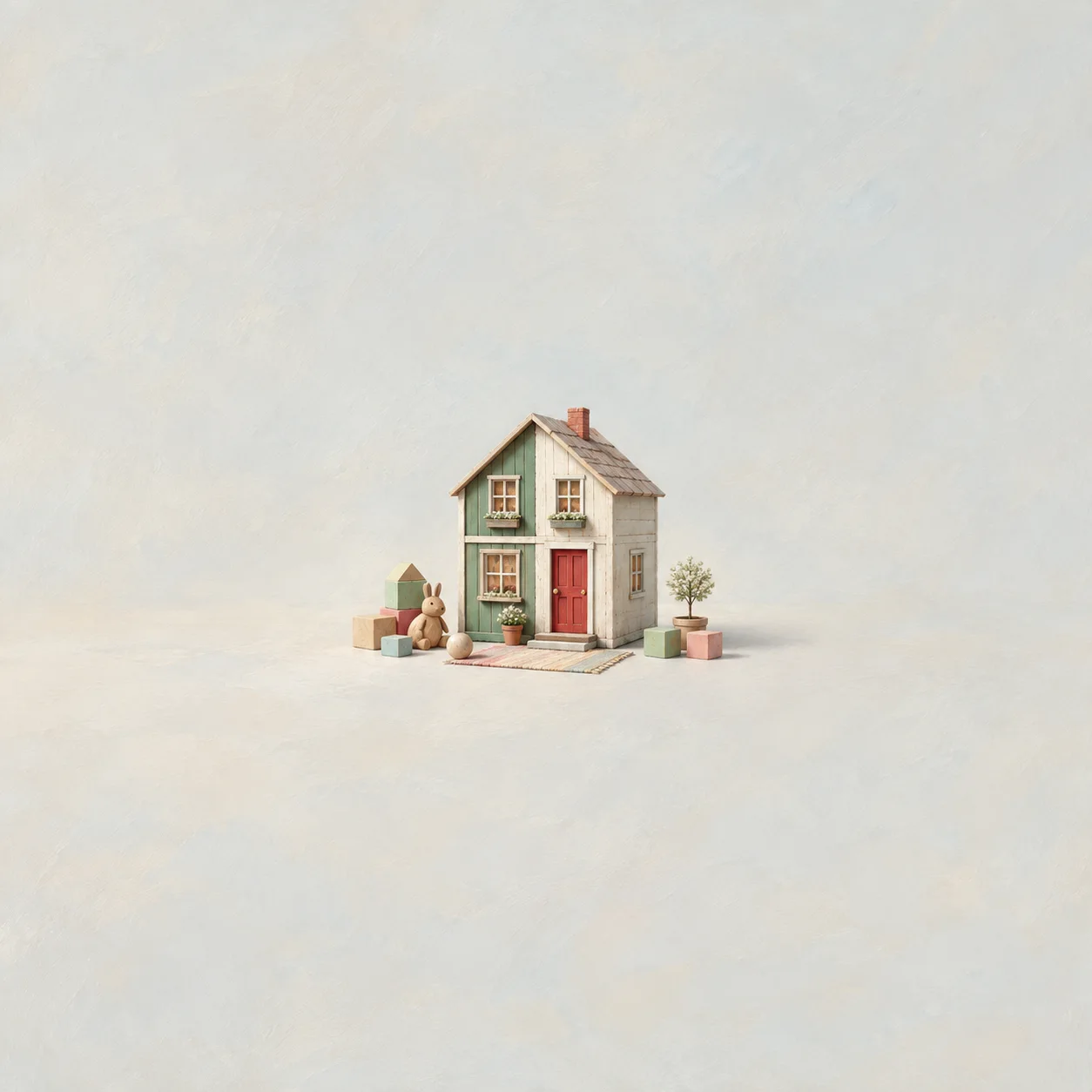 A green-and-white miniature house with a red front door stands beside pastel blocks and small potted plants.