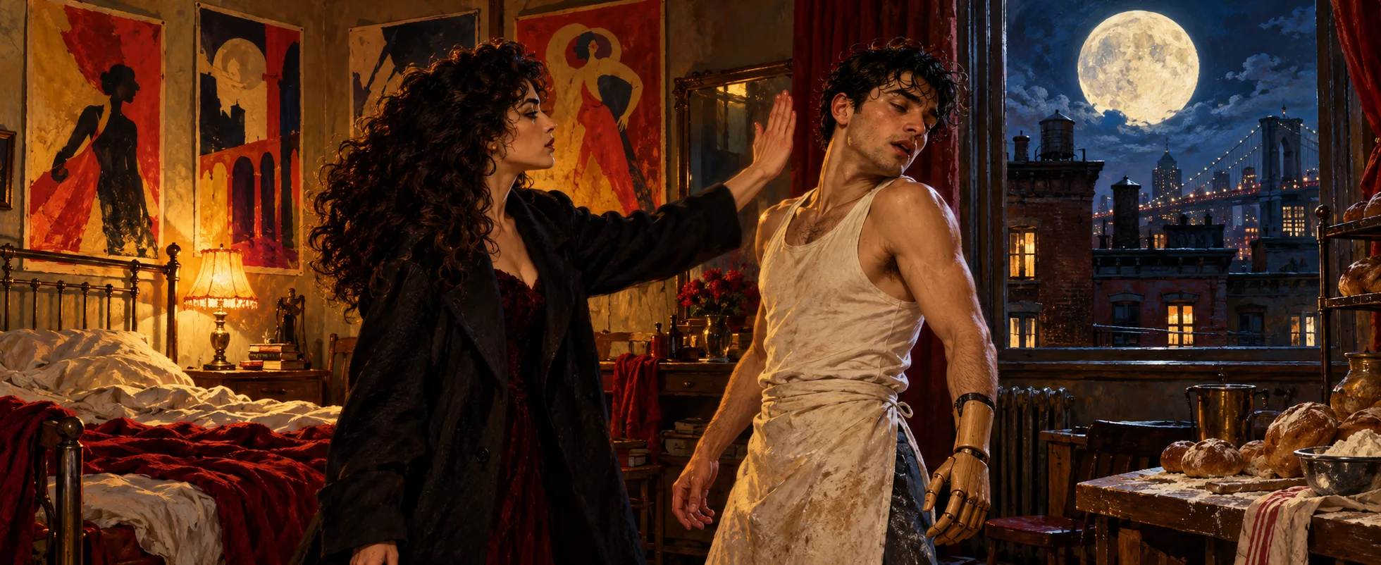 In a room above a bakery, a woman with dark curly hair slaps a dishevelled young baker in a white vest, a full moon over Brooklyn in the window.