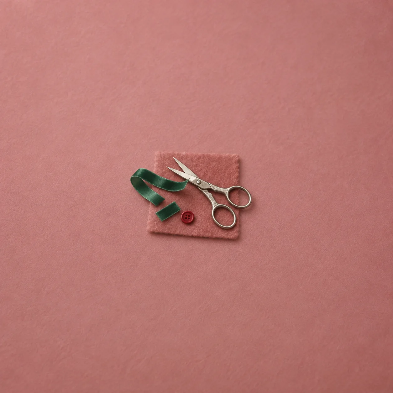 Silver scissors beside cut green ribbon and a red button on a square of pink felt.