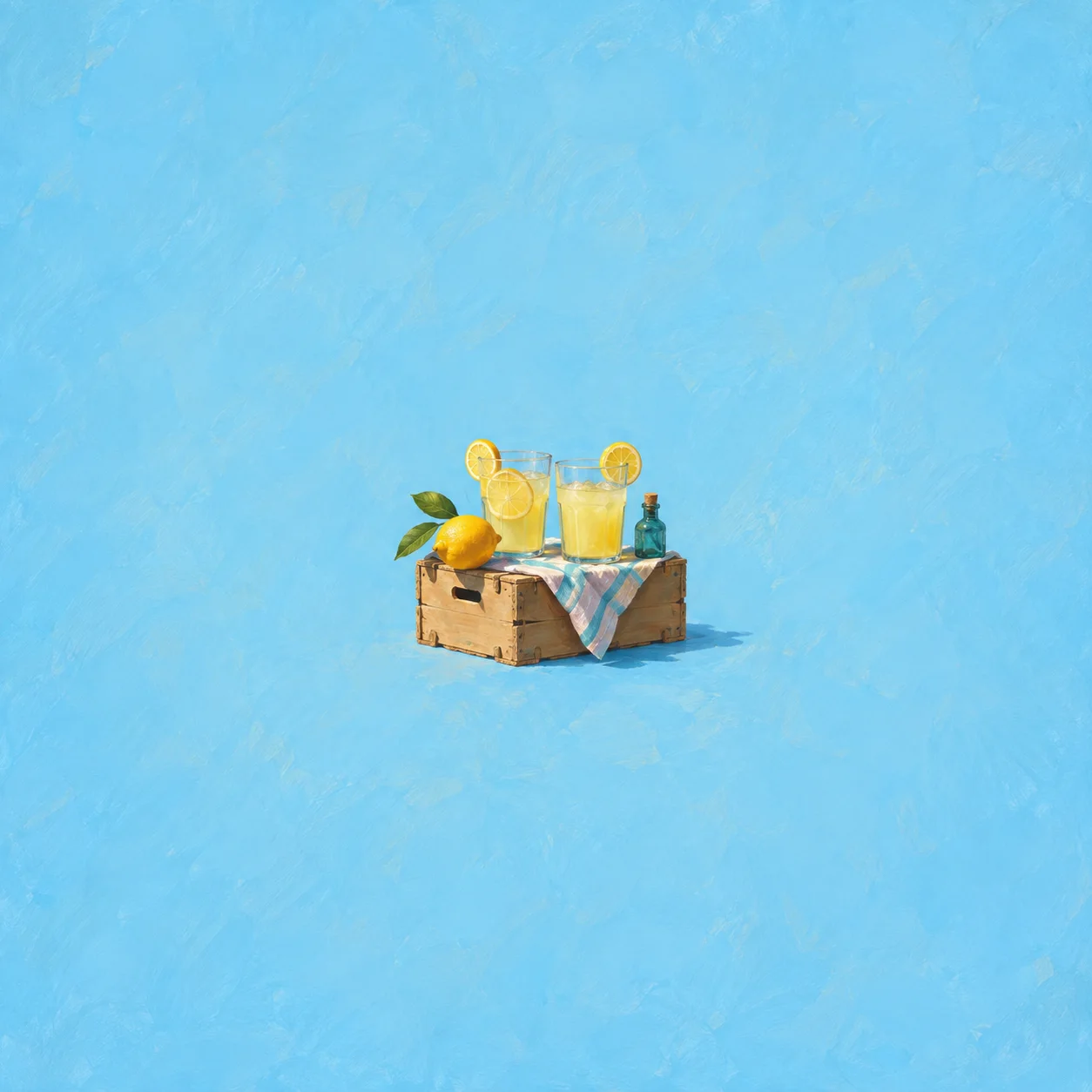Two glasses of lemonade stand on a small wooden crate with lemons, checked cloth and a tiny green bottle.