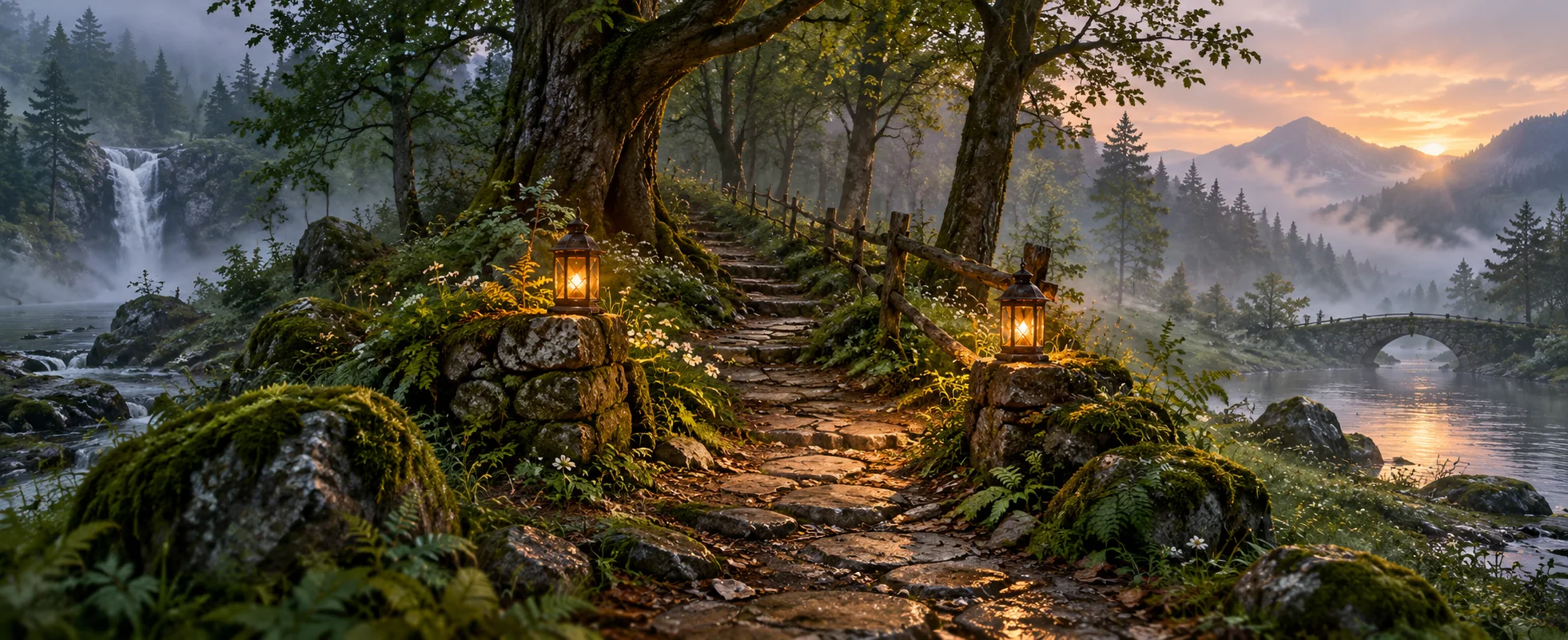 Two small amber lanterns stand beside a weathered path in a misty green woodland.