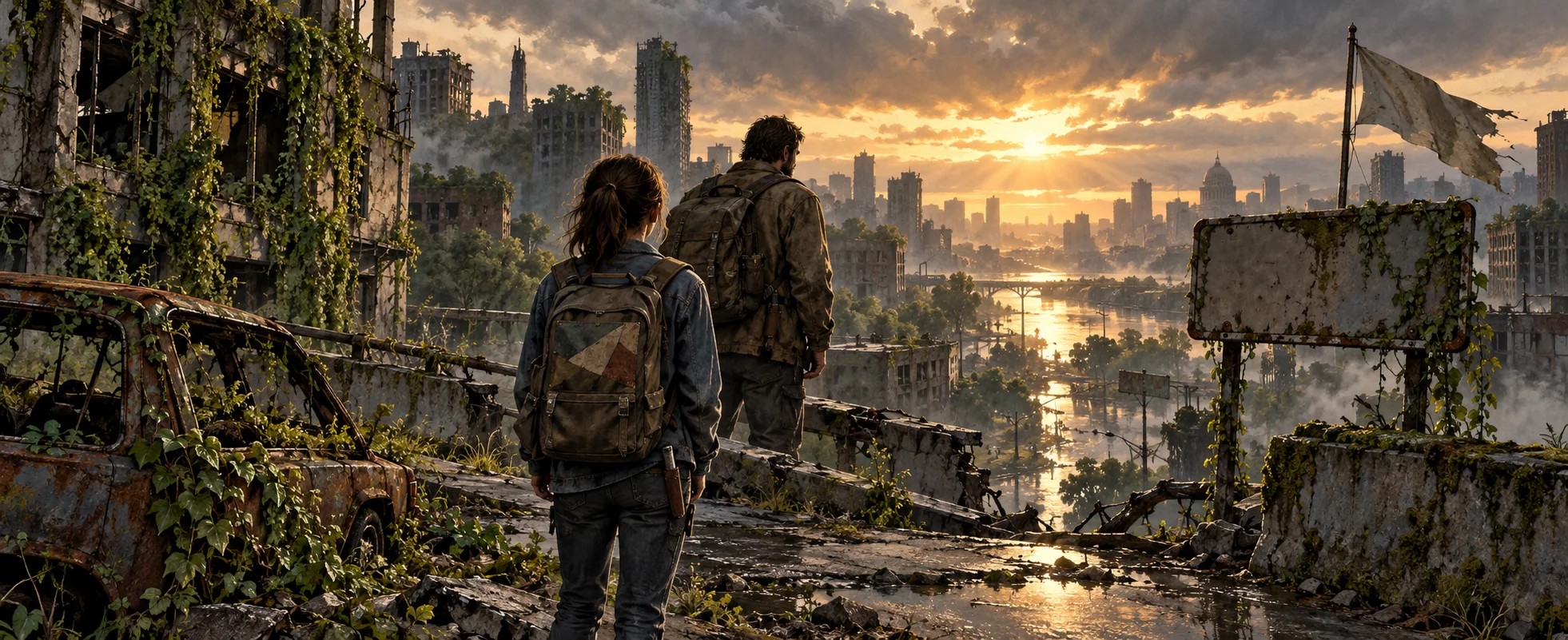 A teenage girl with a backpack and a bearded man stand on an overgrown overpass looking out over a ruined, flooded city at dawn.