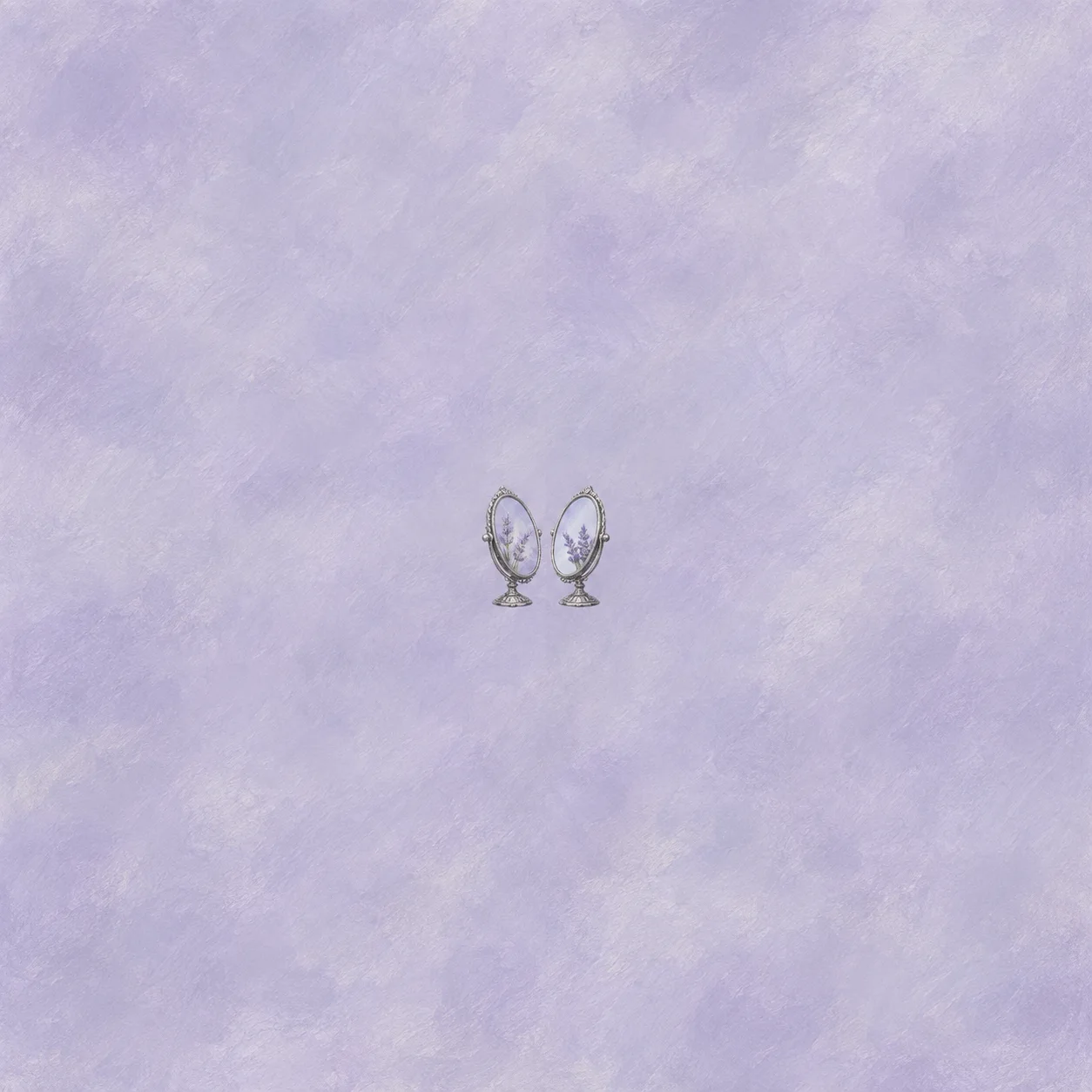 Two ornate silver pedestal mirrors angled toward each other, with lavender floral imagery in their glass, on a pale lavender background.