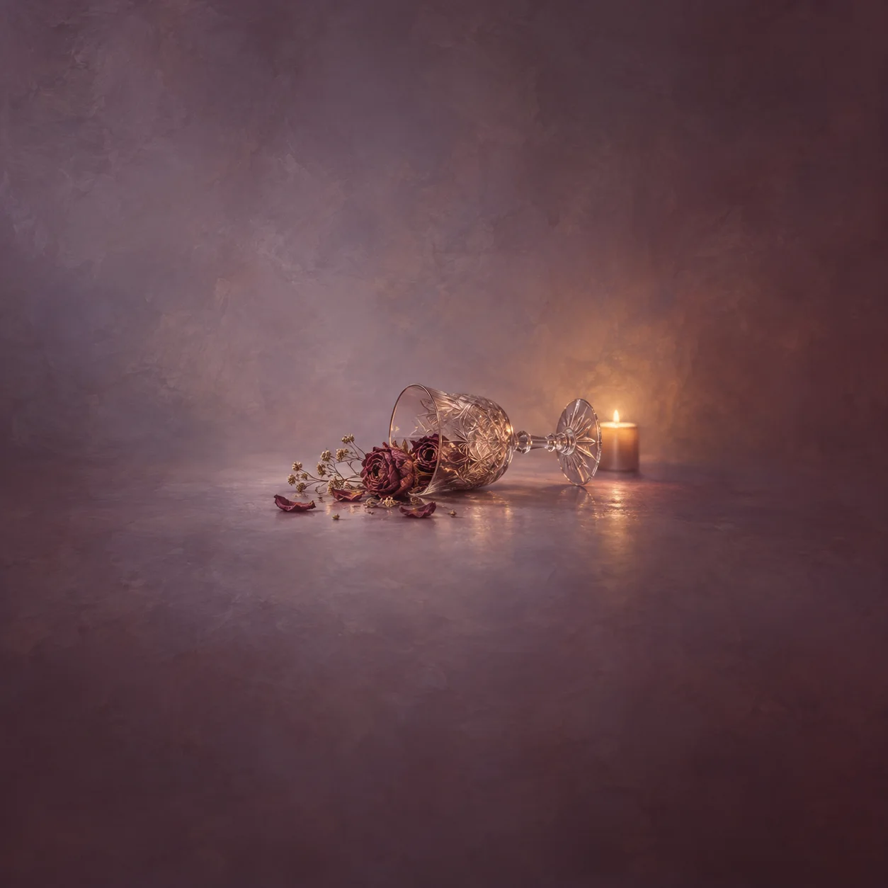 A tipped crystal wine glass spills dried flowers beside a lit candle against soft lavender.