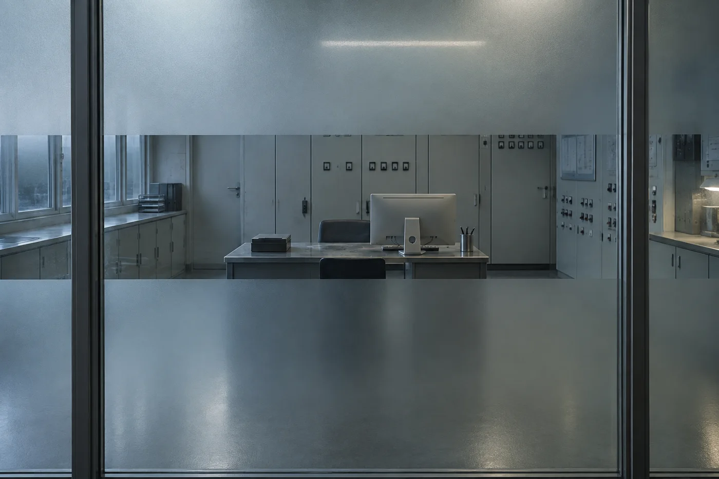An empty control desk and chairs are visible through a clear band in frosted glass.