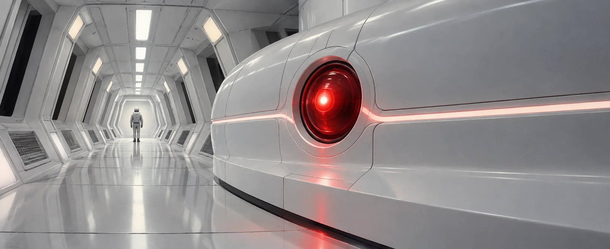 A glowing red camera eye set in a curved white panel watches down a long white spaceship corridor where a tiny astronaut stands.