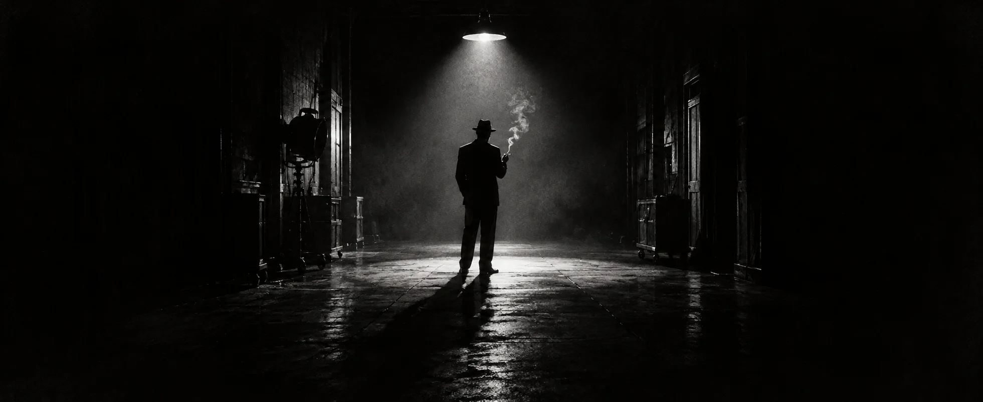 A lone silhouetted man in a suit stands smoking in a single pool of light at the end of a dark, empty corridor, in black and white.