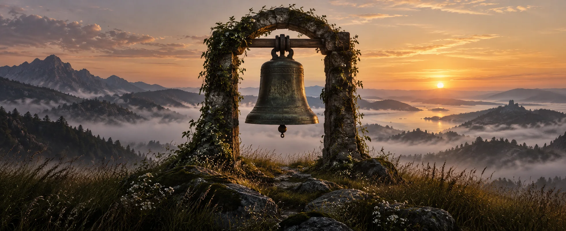 A weathered bronze bell rises above pale mist among dark grass beneath a thin band of golden dawn.
